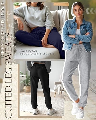 Velvelhall 3 Pack Women's Sweatpants with Pocket, High Waisted Drawstring Jogger Pants Cinch Bottom Casual Baggy Trousers thumbnail 6
