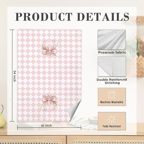 MKIJUHB Coquette Pink Floral Bow Kitchen Dish Towels, Coquette Bathroom Decor, Pink and White Checkered Preppy Girly Decorative Hand Towels for Bathroom, 16x24 Inch - Kitchen Dish Towels-11 thumbnail 7