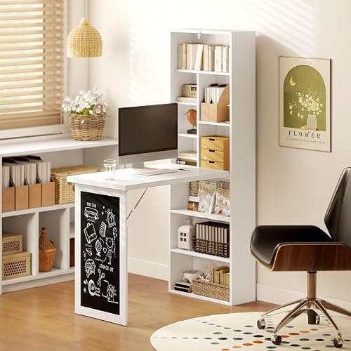 HOMCOM Fold-Out Convertible Writing Table, Computer Desk with Blackboard and Side Shelf Multi-Function Home Office Workstation, White thumbnail 8