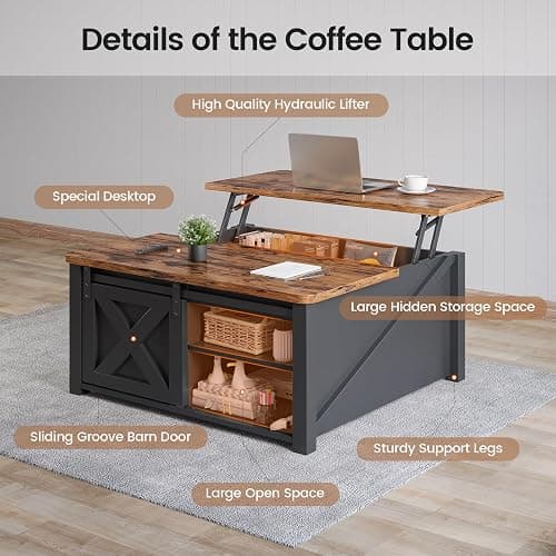 SEDETA 31.5" Lift Top Coffee Table with Storage, Square Coffee Tables for Living Room, Farmhouse Coffee Table with Large Hidden Storage Compartment and Adjustable Shelves, Black thumbnail 3