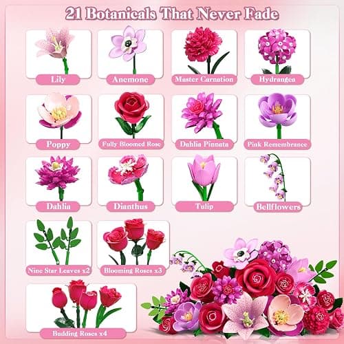 CUBIMANA Flowers Bouquet Building Set with Light - 21 Rose Red Botanical Collection Building Block Set for Adults, 832 PCS Flower Plant Kit for Home Decor, for Her Women Girls Kids 12+ thumbnail 5