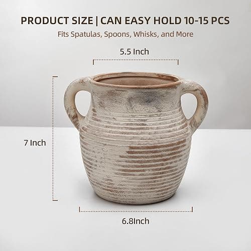 CWFutwell Rustic Utensil Holder for Kitchen Counter - Large Ceramic Farmhouse Cooking Utensil Crock & Organizer for Spatula, Spoon - Vintage Kitchen Decor (Taupe) thumbnail 3