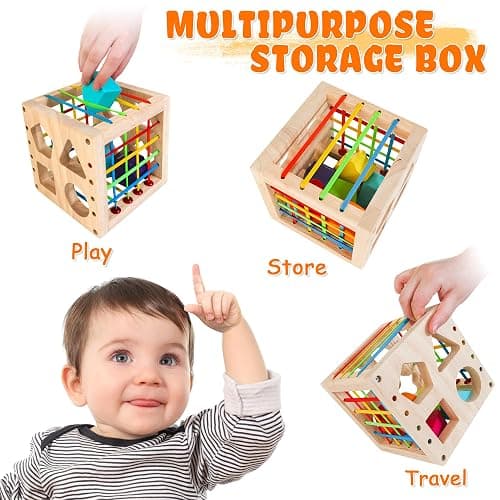 HELLOWOOD Montessori Toys for 1+ Year Old, Wooden Sorter Cube with 8pcs Rattling Shapes, Developmental Learning Toy Gifts for Baby Toddler Boys Girls, Gift Packaging thumbnail 4