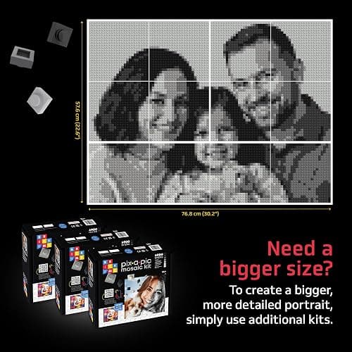 BRICK ME Pix-a-Pic Mosaic Kit, 4900 Bricks (15.1″ × 15.1″) | DIY Pixel Photo Mosaic with Shades of Gray, Black & White | Includes 4 Baseplates, Connector & Brick Separator thumbnail 5