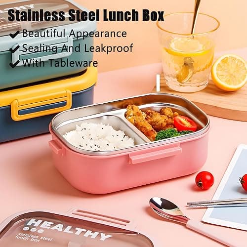 Ausenzup Stainless Steel Lunch Box, 2 Compartment Bento Box for Adults, Easy to Clean, Leak-Proof Design, Food Storage Container with Tableware for Family, Work, Picnics and Travel(850ml, Green) thumbnail 3