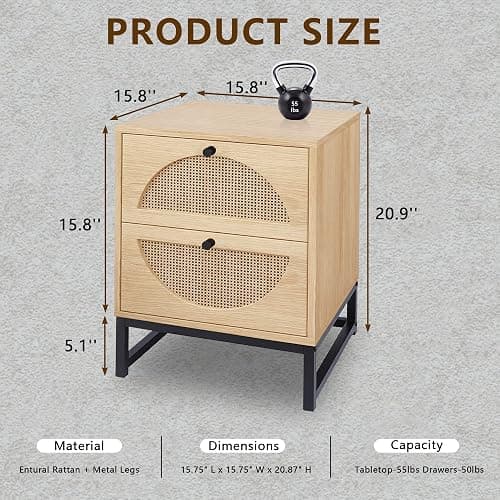 AWQM Rattan Nightstand Set of 2,Farmhouse End Table Set of 2,Wood Sofa Side Table,Accent Table with Storage, Bedside Table Accent Storage Cabinet for Bedroom Living Room,Metal Legs,Beige (W68837255) thumbnail 3