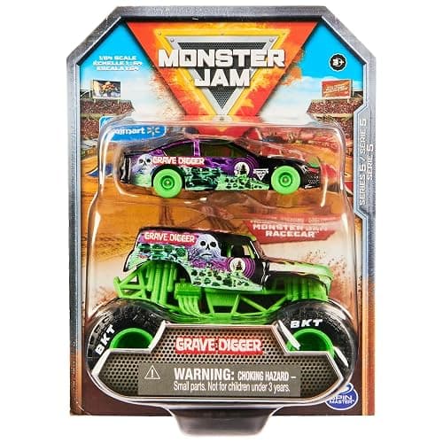 Monster Jam Official 1:64 Scale Diecast 2-Pack Series 5 Monster Truck and Race Car: Grave Digger - Image 1
