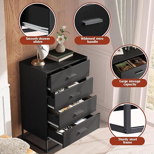 WLIVE Black Dresser for Bedroom with 4 Drawers, Tall Wood Dresser with Sturdy Metal Frame, Wooden Chest of Drawers for Hallway, Living Room, Closet thumbnail 6
