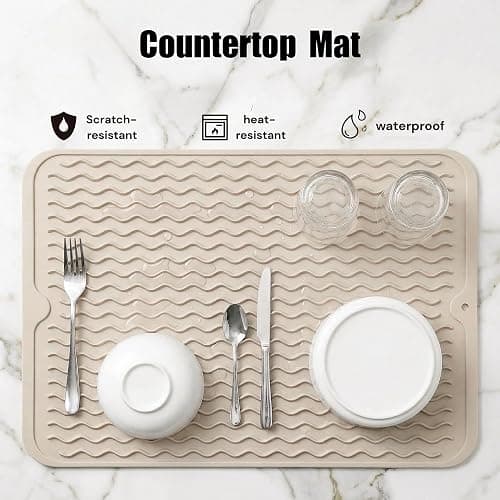 MicoYang Silicone Dish Drying Mat — Quick-Dry Ridges Counter & Sink Pad, Heat-Resistant Trivet to 450°F, Non-Slip & Dishwasher Safe, Roll-Up Storage, 18 Colors & 9 Sizes (Tapioca, 16"×12") thumbnail 5