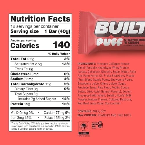 Built Bar, Puff Protein Bars, Strawberries 'N Cream Puff, 15g Protein Snacks, On-The-Go Bars, Only 140 Calories, 8g Sugar, Collagen, Gluten Free, 12 Count thumbnail 2