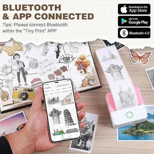 Print Pods Mini Printer, Thermal Inkless Sticker Maker with 10 Rolls Printing Paper, Pocket Printpod for phone, Impresora Portátil for Notes, Flashcards, Journal, DIY, Compatible with iOS & Android thumbnail 2