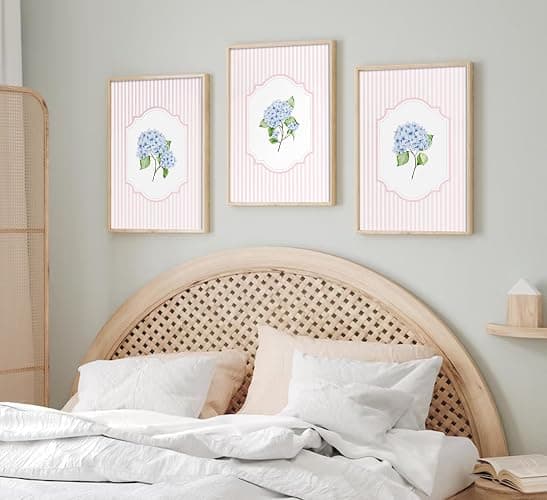 Blue Hydrangea Wall Art Pink Striped Rustic Farmhouse Floral Pictures Wall Decor Cottagecore Botanical Posters Vintage Grandmillenial Flower Painting Print Artwork for Girls Room Dorm, Unframed thumbnail 6