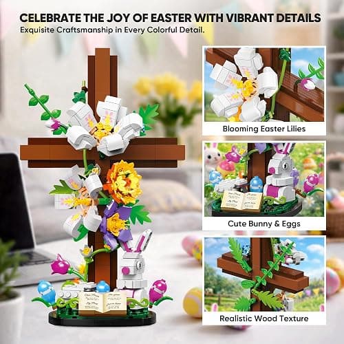 HiDectee Christian Cross Flower Building Set - Jesus Botanical Lily Cross with Bible Base & Spring Garden - Religious Faith Gifts for Women, Mom & Grandma - Spiritual Home Decor, Baptism thumbnail 4