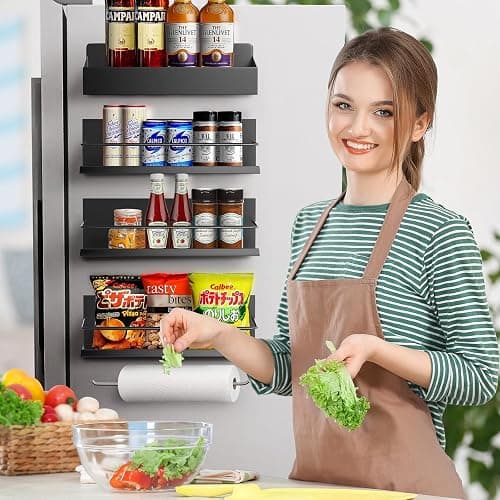 Slow Slog Magnetic Spice Rack, 4 Pack Magnetic Shelf for Refrigerator, Magnetic Refrigerator Organizer, Kitchen Space Saving, Moveable Spice Rack Organizer with Paper Towel Holder, Metal Gray thumbnail 7