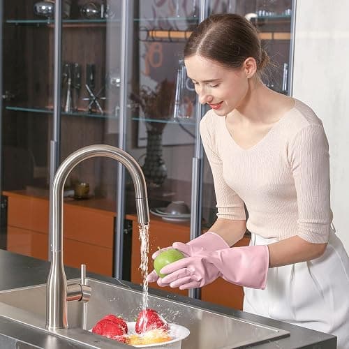 COOLJOB Small Household Rubber Gloves with Cotton Liner & Non-slip Grip, Waterproof Long Lasting Dishwashing Gloves for Kitchen & Bathroom Cleaning, Light Pink, 1 Pair thumbnail 2