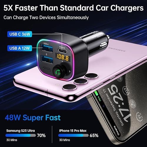 Syncwire Bluetooth 5.4 FM Transmitter Car Adapter 48W (PD 36W & 12W) [Light Switch] [HiFi Bass Sound] [Fast Charging] Wireless Radio Music Adapter LED Display Hands-Free Calling Support USB Drive thumbnail 3