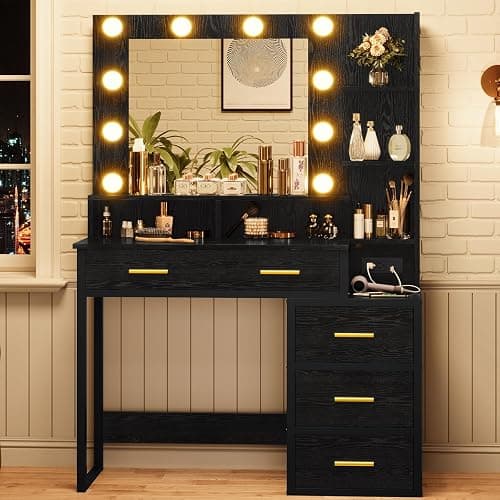 Tiptiper Makeup Vanity with Lights, Black Vanity Desk with Mirror & 3 Lighting Modes, Vanity Table with USB Ports and Outlets, Makeup Table with Nightstand & Storage Shelves & Drawers (Modern Black) thumbnail 7