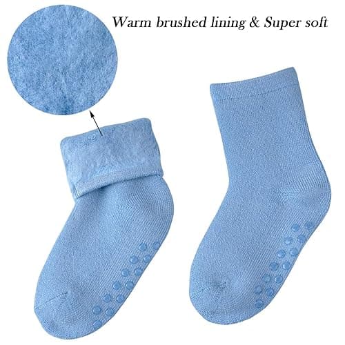 JORMATT 6 Pairs Toddler Thick Thermal Crew Socks Baby Winter Socks Boys and Girls Cute Warm Slipper Socks with Non Slip Girps - 4-6 Years - Boy's Solid, 6 Pairs thumbnail 3