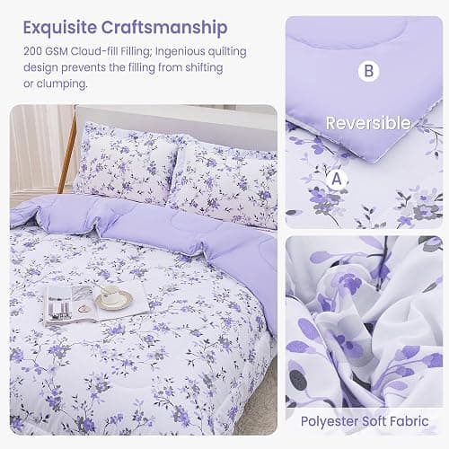 Mooreeke Floral Queen Size Comforter Sets, Lightweight Purple Lavender Botanical Printed Bedding for All Seasons, 3-Piece Vintage Bed in a Bag with Fluffy Quilted Reversible Comforter & 2 Pillow Shams thumbnail 3