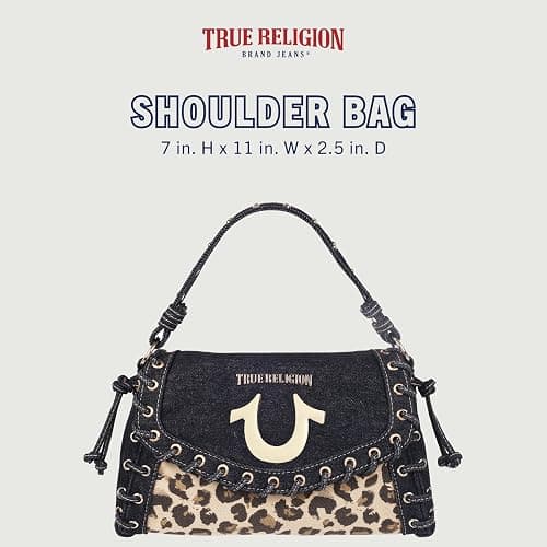 True Religion Denim Eyelet Trim Flap Bag | Studded Lace-Up Crossbody Shoulder Handbag with Horseshoe Logo, Leopard thumbnail 2