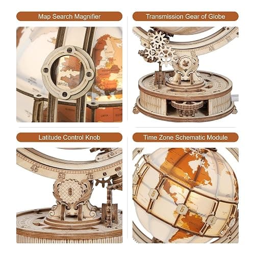 ROKR 3D Wooden Puzzles for Adults Illuminated Globe with Stand 180pcs 3D Puzzles Built-in LED Model Kit Hobby Gifts for Adults Home Decor thumbnail 3