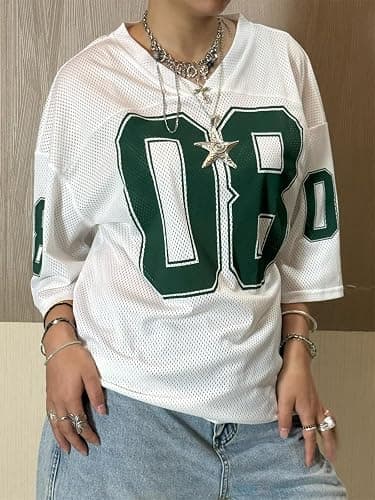 Oversized Jersey Shirts for Women Y2k Number Graphic Print V Neck Short Sleeve Aesthetic Summer T-Shirt Streetwear thumbnail 3