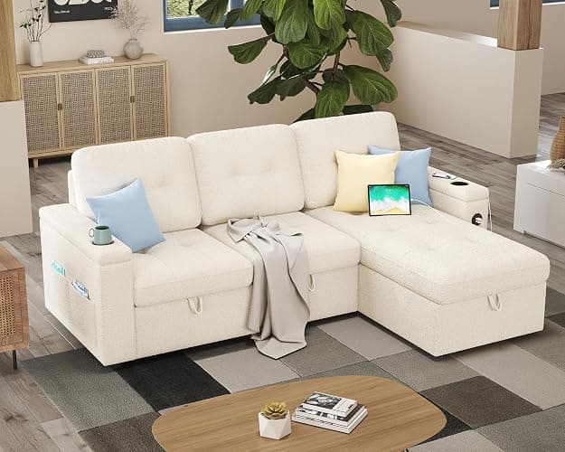 PaPaJet 84 Inch Sofa Bed, Sleeper Sofa with Storage, 2 in 1 Pull Out Couch | Storage Chaise, 2 USB & Cup Holders, Tufted Cushion, Boucle White L Shaped Sofa for Living Room & Guest Bedroom thumbnail 6