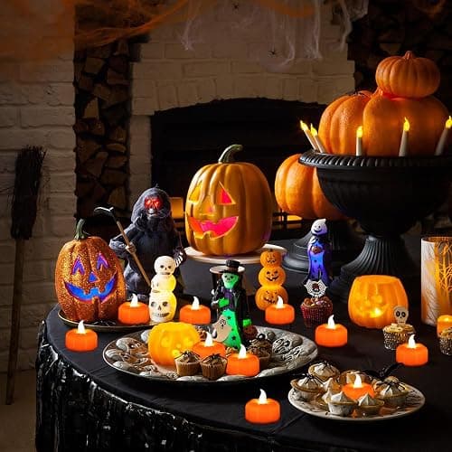 CESOF 12 Pack Fall Decorations for Home Pumpkin Tea Lights Halloween Decor | LED Orange Pumpkin Lights Flameless Candles Battery Operated, Thanksgiving Flickering Tealight for Table Indoor Party Decor thumbnail 6