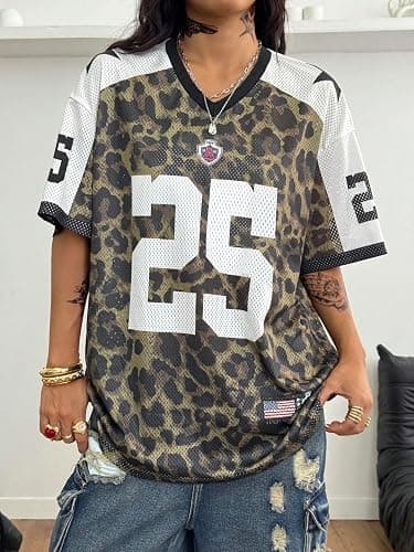 SOLY HUX Women's Y2k Leopard Number Graphic Oversized Tops Football Jersey Shirts Streetwear thumbnail 4
