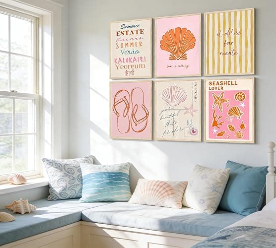 6 Pcs Coastal Style Poster Wall Art,Pink Orange Preppy Style Painting Picture Wall Decor,Beach Seashell and Starfish Canvas Print Artwork,for Bathroom Girl Room Dormitory Home Decoration Unframed thumbnail 6