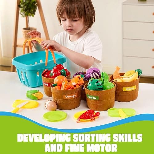 JOYIN Learning Toys Play Food Set for Toddlers, Cutting Food for Preschool Activities, Play Kitchen Accessories, Educational Toys, Color Sorting Set for Boys & Girls, Back to School Gifts for Toddlers thumbnail 2