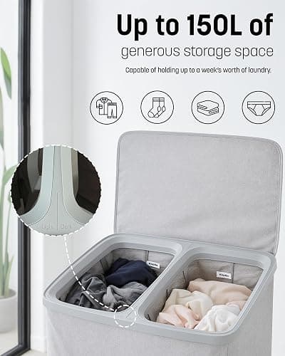 Keplin Collapsible Double Laundry Basket with Lid & Removable Liner – 150L 2-Compartment Clothes Sorter, Fabric Laundry Hamper with Handles, Easy Assembly, Stylish Storage for Home, 56x40x67cm, Grey thumbnail 4
