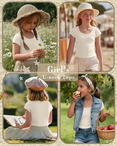 Oakgarden Girls Cap Sleeve T-Shirts Kids Ribbed Knit U-Neck Tops Fitted Short Sleeve Shirts Cute Summer Basic Tees 5-14 Years thumbnail 3