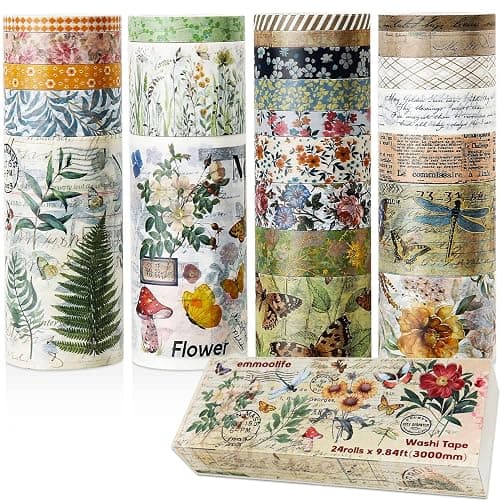 24 Rolls Vintage Washi Tape Set, Floral Letter Butterfly Mushroom Botanical Flower Writable Decorative Tapes for Scrapbooking , Junk Journal supplies, Bullet Journaling 5-75mm Wide 9.84ft long/Roll thumbnail 2