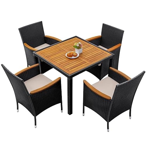 Greesum 5 Pieces Outdoor Patio Dining Set, Conversation Sets with 1 Table and 4 Rattan Chairs with Curved Acacia Wooden Armrests and Cushions, Black thumbnail 5