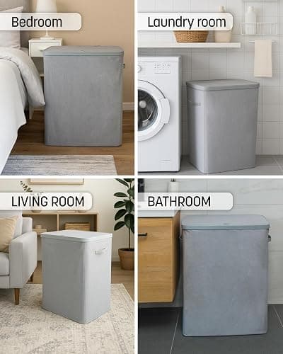 Keplin Collapsible Double Laundry Basket with Lid & Removable Liner – 150L 2-Compartment Clothes Sorter, Fabric Laundry Hamper with Handles, Easy Assembly, Stylish Storage for Home, 56x40x67cm, Grey thumbnail 9