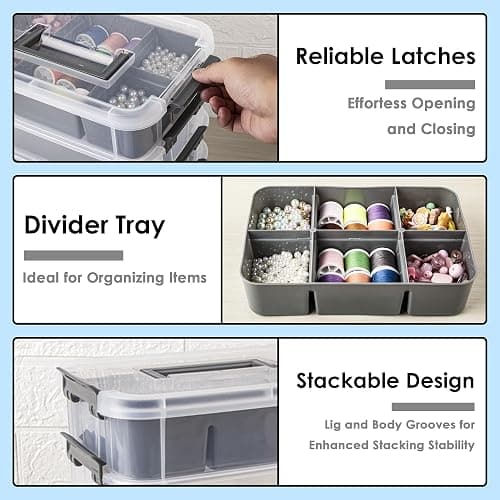 CraftGenes Craft Organizers and Storage, 4-Tier 10 Qt Box, 2 Trays, Grey | Clear Compartments; Dual Removable Inserts; Carry Handle; Side Latches; Beads, Ribbon, Stamps, Scrapbook Pieces, DIY Tools thumbnail 4