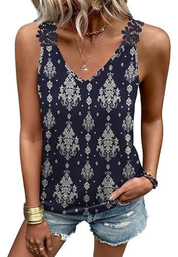 Sipaya Tank Tops for Women Spring Fashion Sleeveless V Neck Lace Tops Flower Flowy Summer Outfits Beach Vacation Clothes thumbnail 3