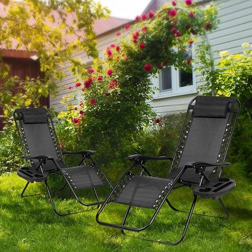 Nazhura Set of 2 Relaxing Recliners Patio Chairs Adjustable Steel Mesh Zero Gravity Lounge Chair Beach Chairs with Pillow and Cup Holder Black thumbnail 10