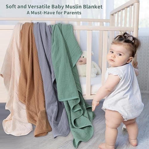 Muslin Swaddle Blankets for Newborn, 2 Pack Breathable Soft Receiving Blanket, Large 41 x 41 inches Swaddle Wrap Burping Clothes, Essentials Infant Shower Items. (Beige & Green) thumbnail 4