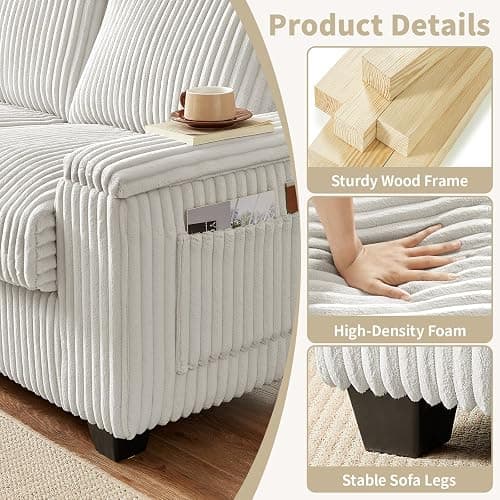 Sheng & Far 71" Loveseat Sofa with Storage Armrests & USB Charging Station | Storage Side Pockets, Sturdy Construction, Corduroy Fabric, White, for Living Room, Bedroom, Office, Apartment thumbnail 5