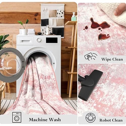 Macgace Washable Abstract Rug, 6x9 Modern Area Rugs with Non-Slip Rubber Backed for Living Room, Thin but Soft Contemporary Carpet Kitchen Bedroom Dining Room Decor, Pink thumbnail 5