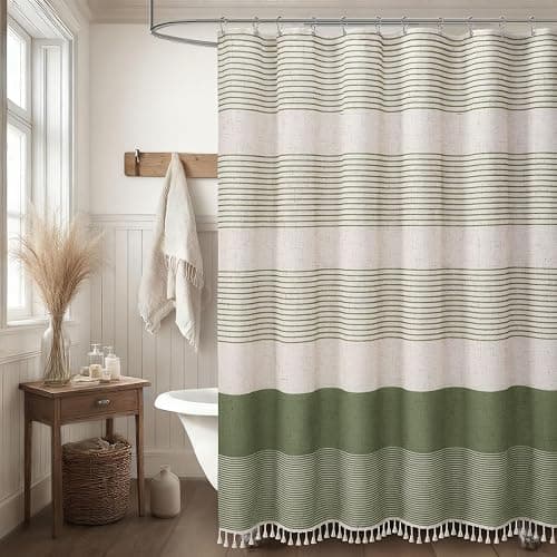 XOGUIBO Sage Green Shower Curtain Boho Linen Striped Shower Curtains for Bathroom with Tassel 72 X 72 thumbnail 6