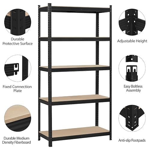 Topeakmart 5-Tier Utility Shelves, Metal Storage Shelves Garage Shelving Unit Adjustable Garage Storage Shelves Storage Racks Heavy Duty Shed Shelving- Black, 35.5 x 16 x 71 Inch thumbnail 4