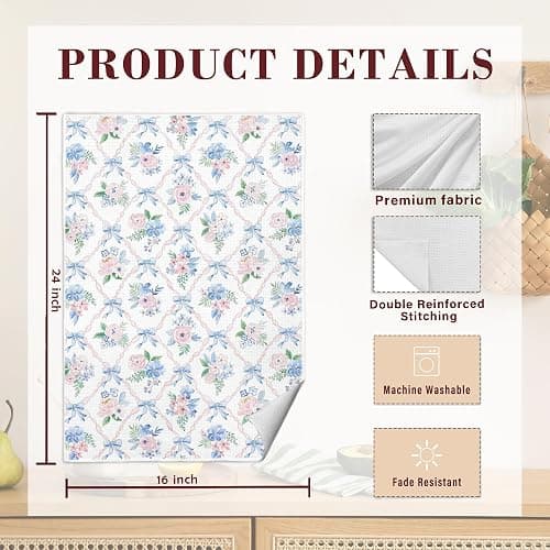 MKIJUHB Coquette Blue Bow Floral Kitchen Dish Towels, Pink and Blue Grandmillennial Flower Decorative Hand Tea Towels for Bathroom, Coquette Bathroom Decor, 16x24 Inch Set of 2 thumbnail 7