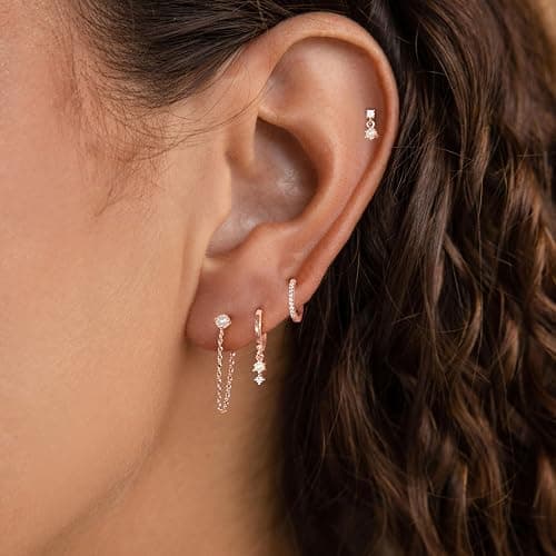 Gold Earrings for Women, 14k Gold Plated Dangle Huggie Earrings for Women Trendy Dainty Gold Hoop Earring Stacks Hypoallergenic Pearl Chain Drop Cartilage Earring Fashion Womens Jewelry thumbnail 2