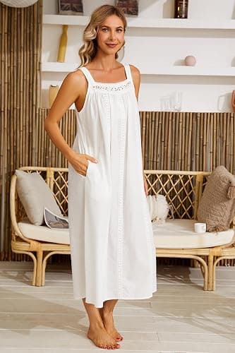 YOZLY Cotton Nightgowns for Women Embroidery Sleeveless Night Gown with Pockets S-XXXL thumbnail 4