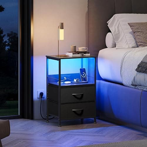 WLIVE LED Night Stand with Charging Station, Black Nightstand with 2 Fabric Drawers and Storage Shelf, Dorm Bedside Table End Table with 2 USB Ports and Outlets, Small Dresser for Bedroom thumbnail 2