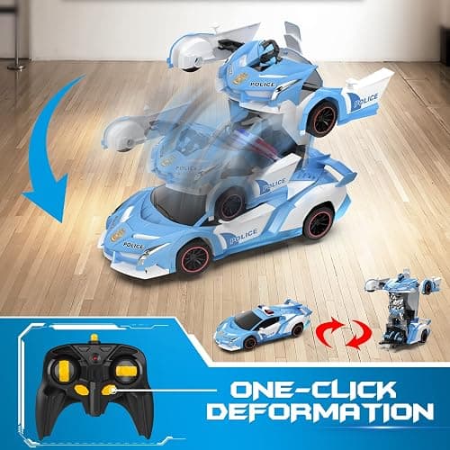 FDJ RC Cars - Transform Remote Control Car, 2.4Ghz 1:18 Scale Transforming Police Car Toy with Flashing Light, One Button Deformation 360 Degree Rotating Drifting Kids Toys Car for Boys Girls thumbnail 5