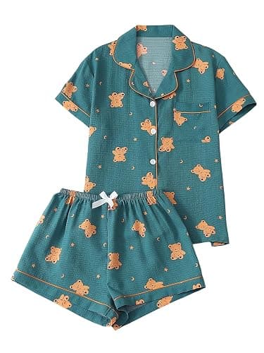 Verdusa Women's 2 Piece Pajama Sets Lightweight Fall Pajamas Cute Pj Set Button Shirt with Shorts Lounge Pjs - Image 1